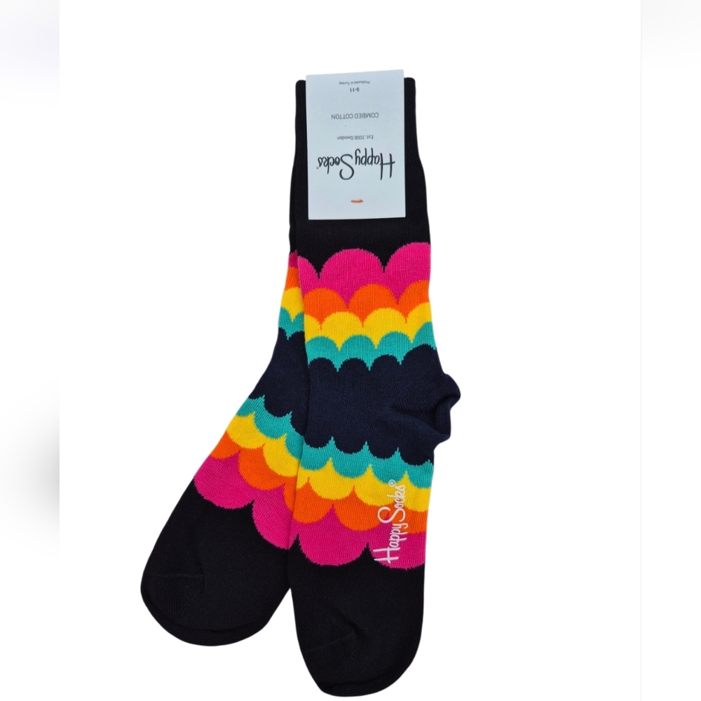 Happy Socks Womens Scallop Pattern Socks - Black, Pink, Orange, Blue